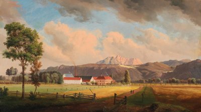 Ebenthal near Klagenfurt to the South, in the Foreground the Großnighof with Manor House and Factory Grounds of the Puntschart Family, in the Background Ebenthal Castle and the Hochobir by Marko Pernhart